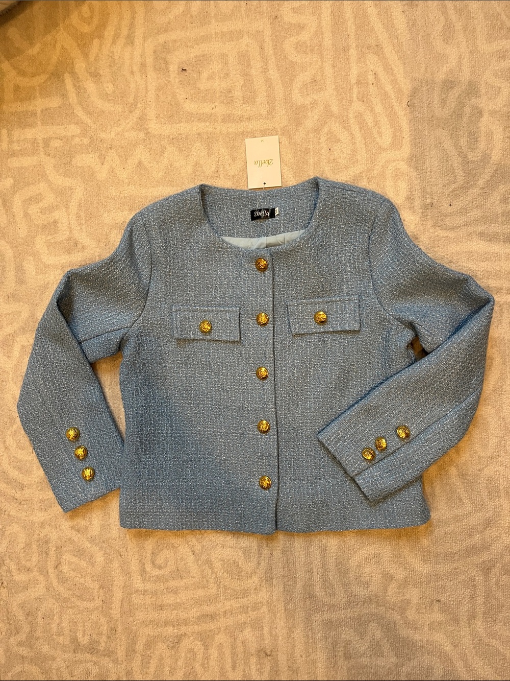 Slim-Fit Light Blue Tweed Jacket with Gold Buttons